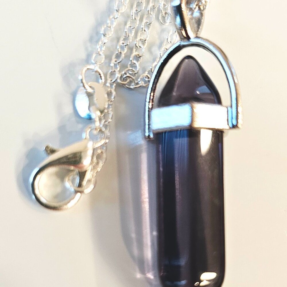 Dark Amethyst Stone Crystal Bullet Point Pendant Necklace Silver Chain 24 in